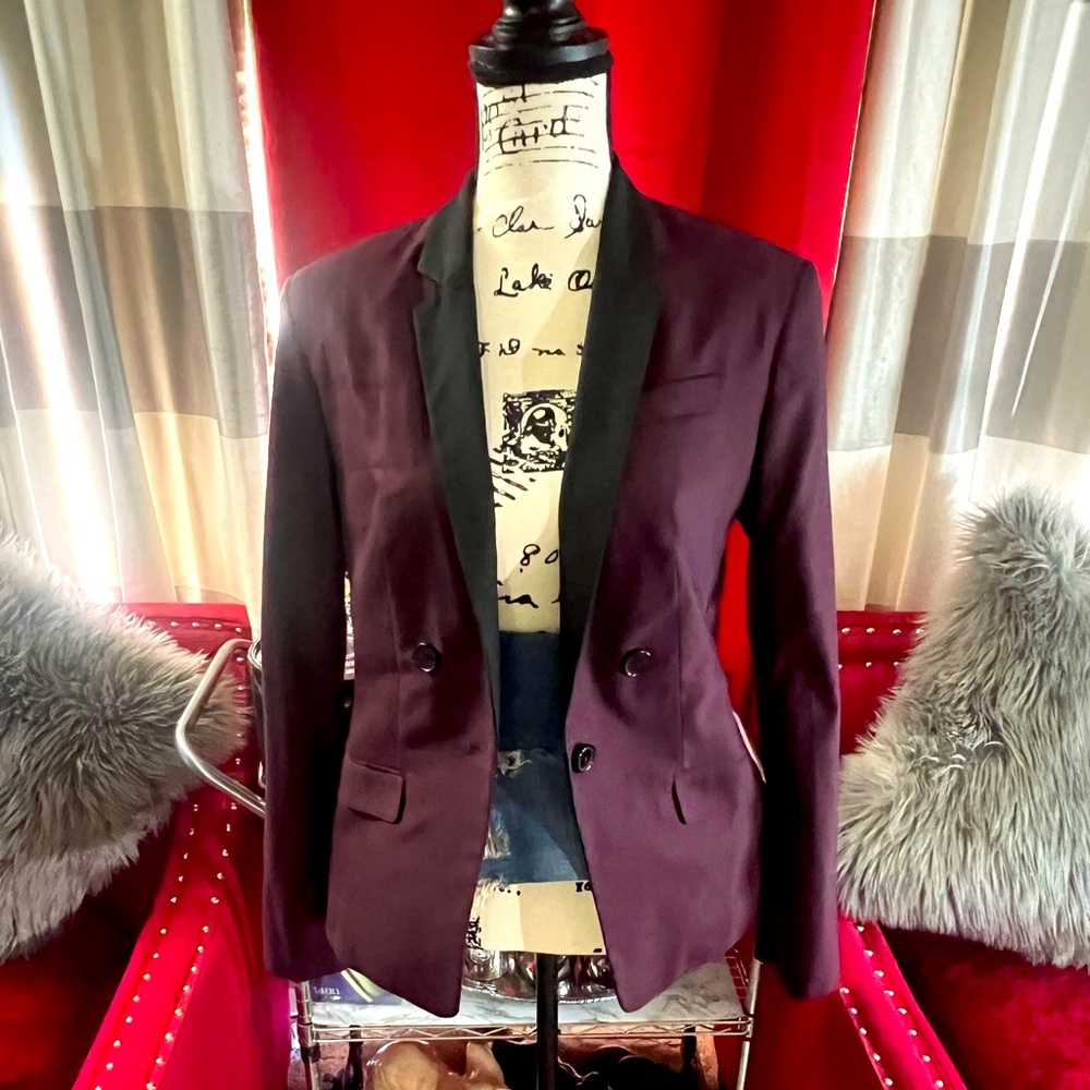 Burgundy and black tuxedo blazer